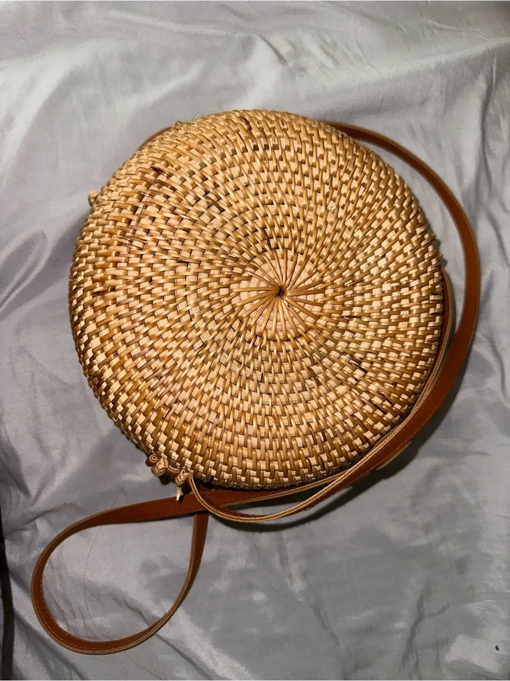 Round Woven Rattan Crossbody Bag in Natural Brown